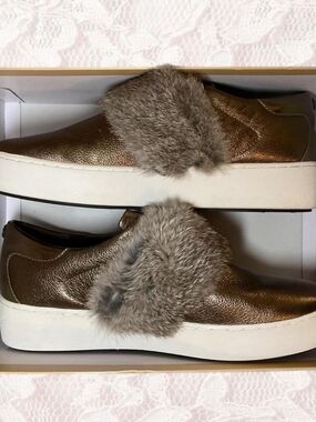 Michael Kors Metallic Bronze Slip-On Sneakers with Gray Faux Fur Strap